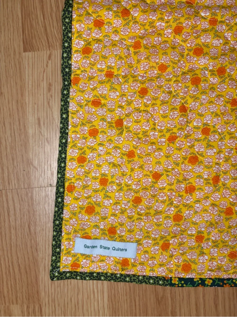 Handmade Yellow Green Patchwork Quilt Orange Floral Vines 36